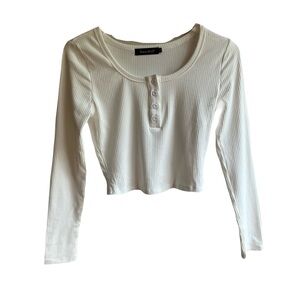 Dass Dill White Ribbed Henley Crop Top 1/2 Button Up Long Sleeve Cropped Tee